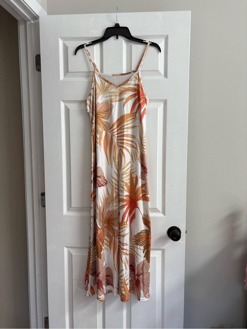 Tropical Leaf Maxi Sundress - White with Rust & Tan Leaf Print